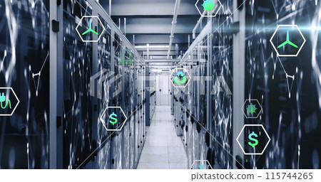 Image of multiple icons over connected dots on data server systems in server room 115744265