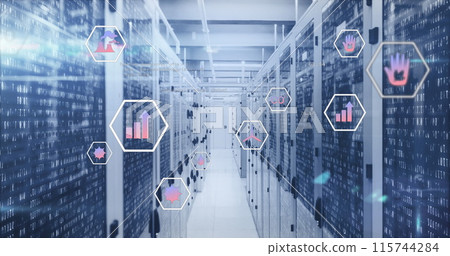 Image of multiple icons and lens flares over binary codes on data server racks 115744284