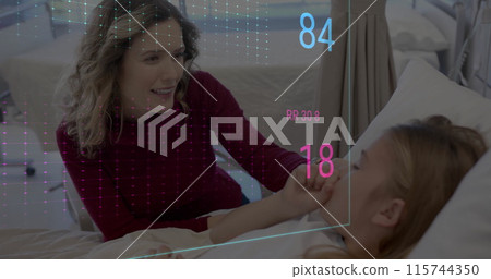 Image of data processing over caucasian female doctor with girl patient Image of data processing over caucasian female doctor with girl patient 115744350