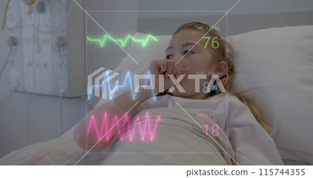Image of data processing over caucasian girl patient in hospital bed 115744355