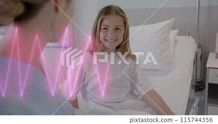 Image of data processing over caucasian female doctor with girl patient 115744356