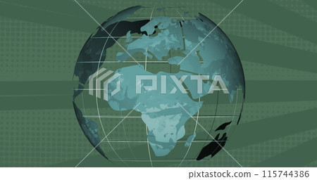 Digital image of a spinning globe over hypnotic green stripes in a seamless loop. Digital image of a spinning globe over hypnotic green stripes in a seamless loop. 115744386