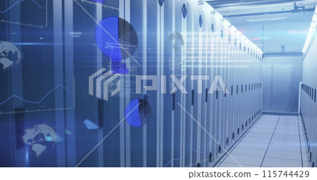 Image of statistics recording and data processing over tech room with computer servers Image of statistics recording and data processing over tech room with computer servers 115744429