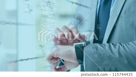 Image of data processing and world map over businessman checking smartwatch 115744435