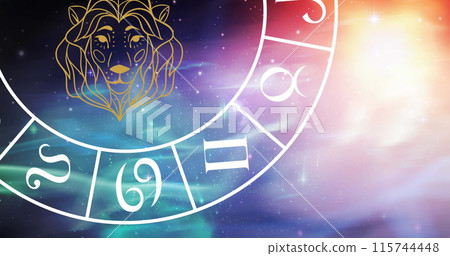 Composition of leo star sign symbol in spinning zodiac wheel over glowing stars Composition of leo star sign symbol in spinning zodiac wheel over glowing stars 115744448