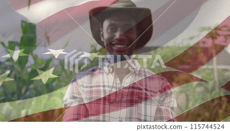 Image of flag of united states of america over african american farmer keeping potatos Image of flag of united states of america over african american farmer keeping potatos 115744524