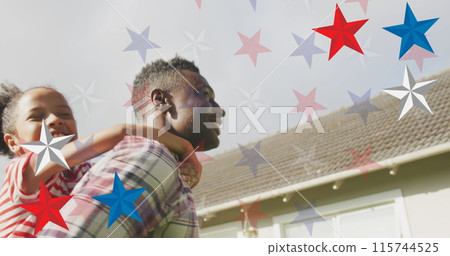 Image of red, blue and white stars over african american father and daughter having fun Image of red, blue and white stars over african american father and daughter having fun 115744525