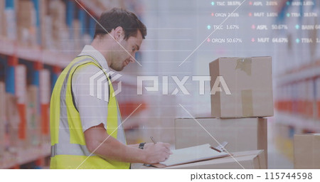 Image of financial data processing over caucasian warehouse worker 115744598