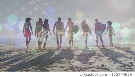 Image of data processing over group of female friends practicing yoga meditating at the beach 115744659
