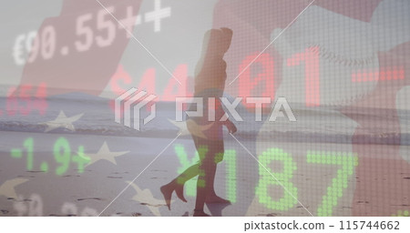 Stock market data processing against caucasian couple walking together on the beach Stock market data processing against caucasian couple walking together on the beach 115744662