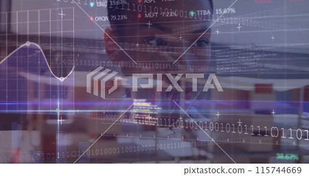 Image of binary coding and data processing over biracial businesswoman in office Image of binary coding and data processing over biracial businesswoman in office 115744669