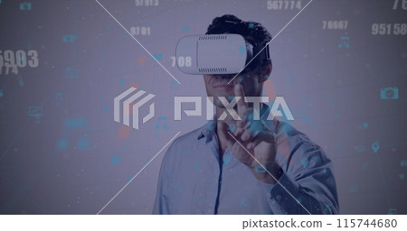 Image of data processing over men using vr headset 115744680