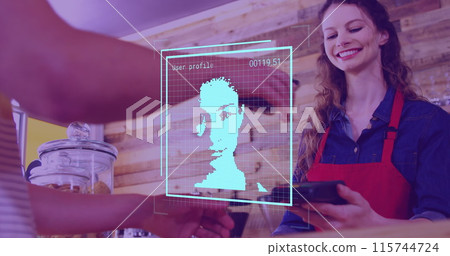 Image of glowing blob over icons over businessman sitting on image call 115744724