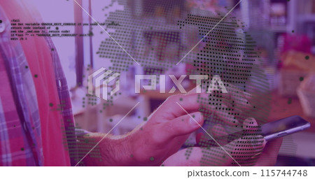 Image of data processing with globe over caucasian man using smartphone 115744748