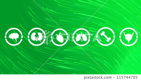 Image of medical structures in white circles over moving lines on green background 115744785