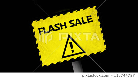 Image of yellow board with flash sale text and alertness sign over black background 115744787