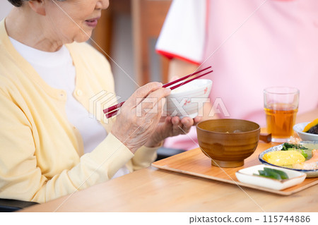 Meal scene Hands of a senior woman eating Meal scene Hands of a senior woman eating 115744886