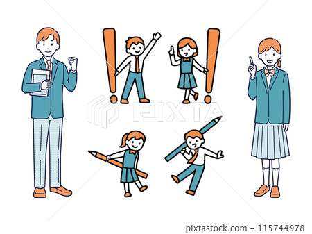 A set of illustrations depicting high school students studying 115744978