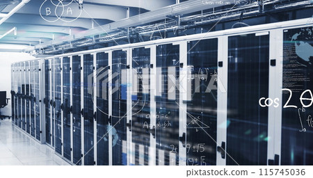 Image of infographic interface, mathematical equations and lens flare over server room Image of infographic interface, mathematical equations and lens flare over server room 115745036
