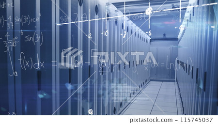 Image of mathematical equations, infographic interface and lens flare over server room Image of mathematical equations, infographic interface and lens flare over server room 115745037
