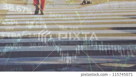 This image shows financial graphs and data being animated over a cityscape 115745071