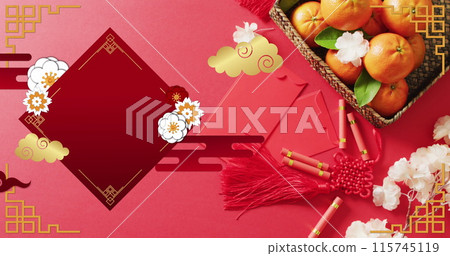 Image of chinese pattern and blossom and orange decoration on red background 115745119