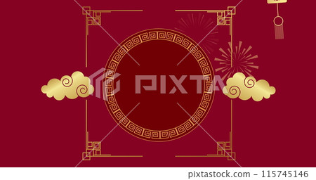 Image of chinese pattern and clouds decoration on red background 115745146