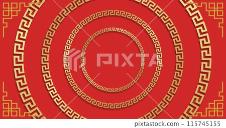 Image of chinese pattern and circles decoration on red background 115745155