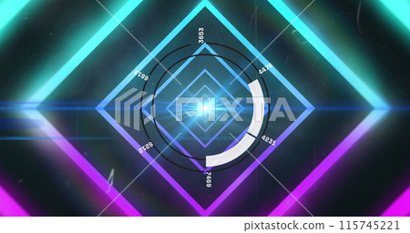 Image of data processing over scope scanning and neon pattern Image of data processing over scope scanning and neon pattern 115745221