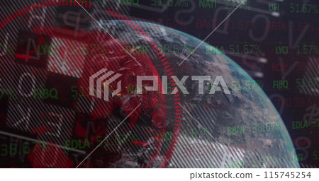 Image of financial data processing with globe on black background Image of financial data processing with globe on black background 115745254