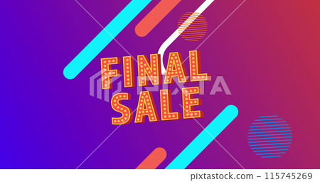 Image of final sale text banner over abstract colorful shapes against purple gradient background Image of final sale text banner over abstract colorful shapes against purple gradient background 115745269