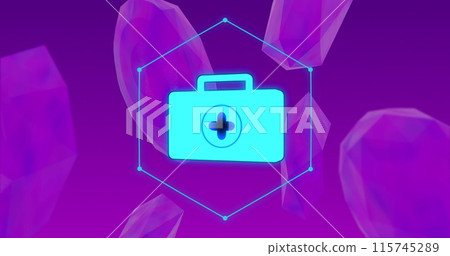 Image of medical kit icon and body cells on purple background Image of medical kit icon and body cells on purple background 115745289
