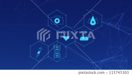 Image of medical icons and lines on blue background Image of medical icons and lines on blue background 115745303