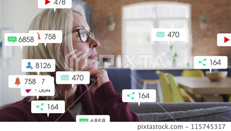 Image of social media icons and numbers over caucasian woman at home 115745317