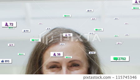 Image of social media icons and numbers over caucasian woman at home 115745346
