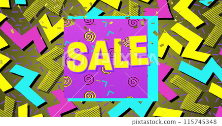 Image of the word Sale in yellow letters with a purple square and brightly coloured shapes on a gree 115745348