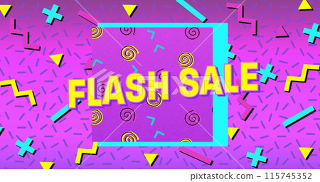 Image of the words Flash Sale in yellow letters with a purple square and brightly coloured shapes on Image of the words Flash Sale in yellow letters with a purple square and brightly coloured shapes on 115745352