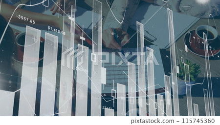 Image of people working in a busy office with white data processing in the foreground 4k Image of people working in a busy office with white data processing in the foreground 4k 115745360