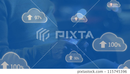 Image of blue clouds with arrows pointing up and percent increasing from zero to one hundred with yo 115745396