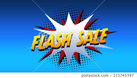 Image of the words Flash Sale in yellow letters on a white explosion on blue background 4k Image of the words Flash Sale in yellow letters on a white explosion on blue background 4k 115745397