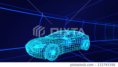 Image of 3d technical drawing of a car in blue, with moving grid in the background 4k 115745398