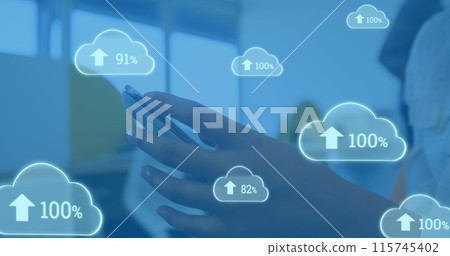 Image of blue clouds with arrows pointing up and percent increasing from zero to one hundred with yo 115745402