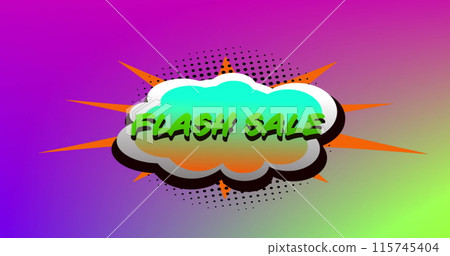 Image of the words Flash Sale in green letters on a green speech bubble on purple to green backgroun 115745404