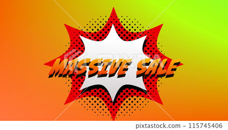 Image of the words Massive Sale in orange letters on a white explosion on orange to yellow backgroun Image of the words Massive Sale in orange letters on a white explosion on orange to yellow backgroun 115745406