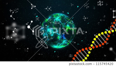 Image of spinning globe, molecules and 3d DNA strand spinning on black background 115745420