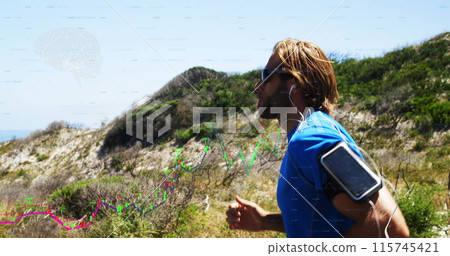 Image of digital interface with data recording over man running in mountains with smartphone 115745421