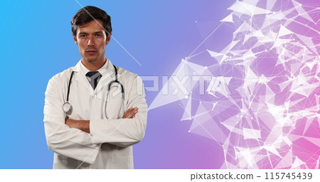 Image of digital interface with white spinning network of connections over male doctor Image of digital interface with white spinning network of connections over male doctor 115745439