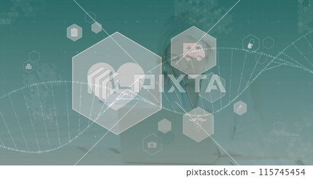 Image of DNA strand spinning and medical icons over female doctor wearing lab coat using digital tab 115745454