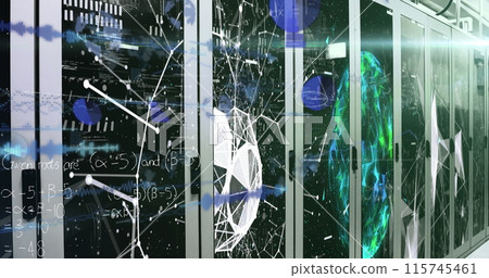 Image of data processing and mathematical equations over server room Image of data processing and mathematical equations over server room 115745461
