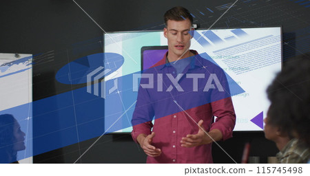 Image of infographic interface and caucasian manager explaining project details to colleagues Image of infographic interface and caucasian manager explaining project details to colleagues 115745498
